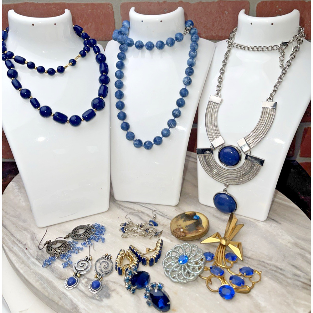 Vintage Blue Costume Jewelry Lot 11 Pcs Necklaces Earrings Brooches Mid-Century